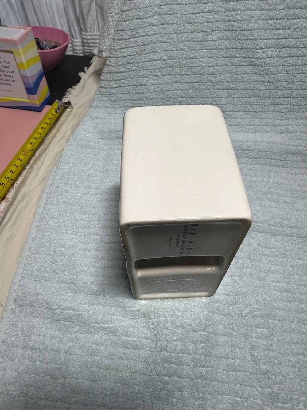Cream 'STUFF' Ceramic 2 section storage container by Rae Dunn